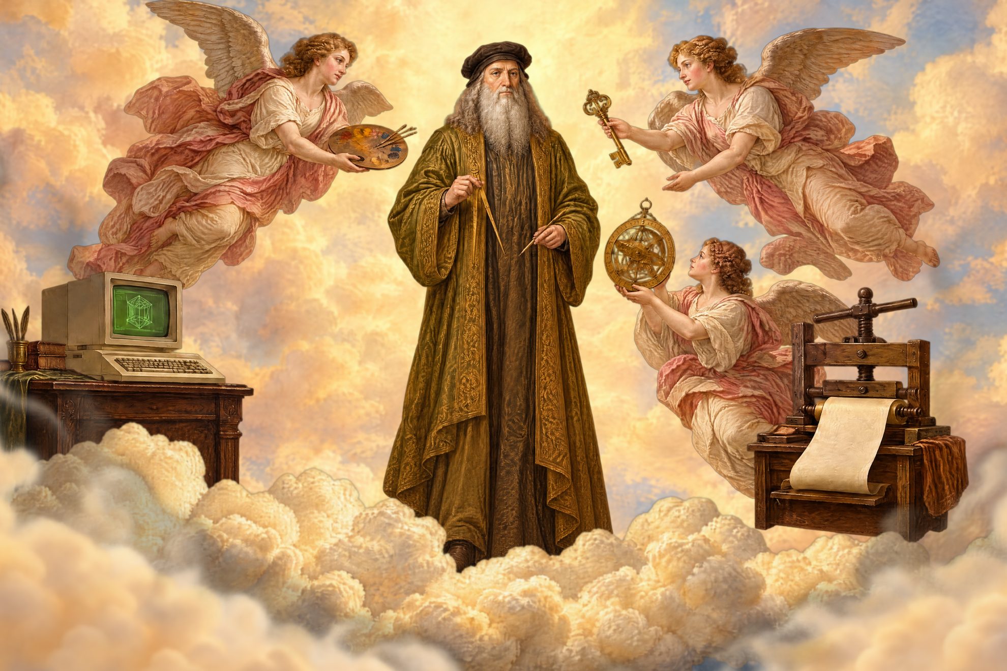 Léonard de Vinci, debout au centre d'une scène céleste peinte : des figures ailées lui tendent une palette, une clé et un astrolabe ; à ses côtés, un ordinateur ancien et une presse à imprimer.